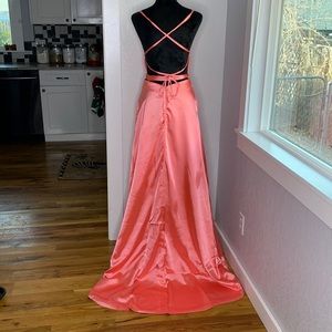 Yishaer peach satin full length maxi dress apron style string zip closure pocket